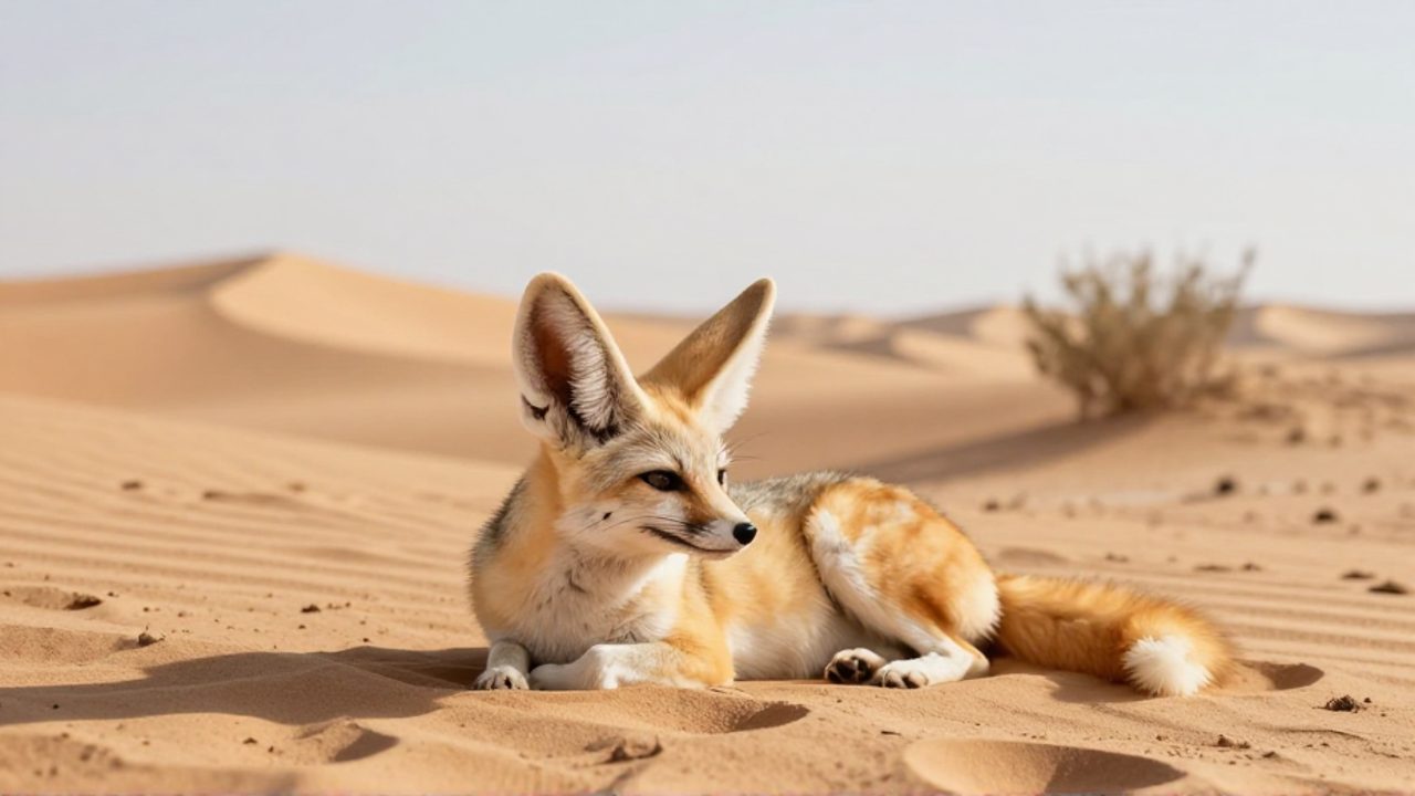 Un zorro fennec descansa sobre una duna de arena, destacando sus grandes orejas como adaptación para disipar el calor en el desierto.