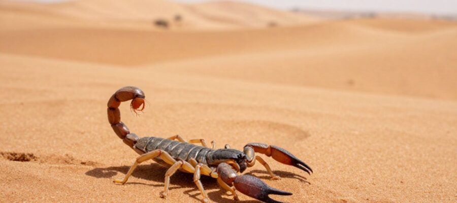 Un escorpión con exoesqueleto segmentado emerge de la arena naranja en un desierto de dunas bajo un sol intenso.