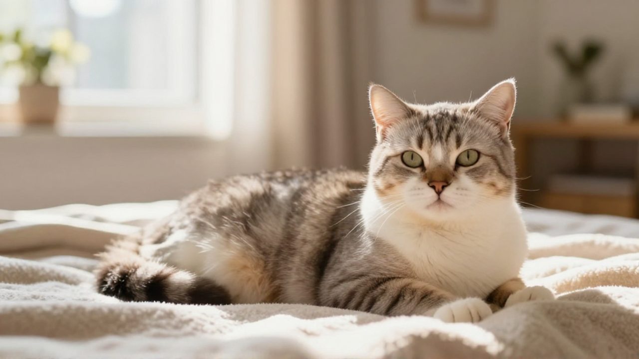 Gata doméstica con el vientre redondeado que descansa sobre una manta suave en un ambiente acogedor.