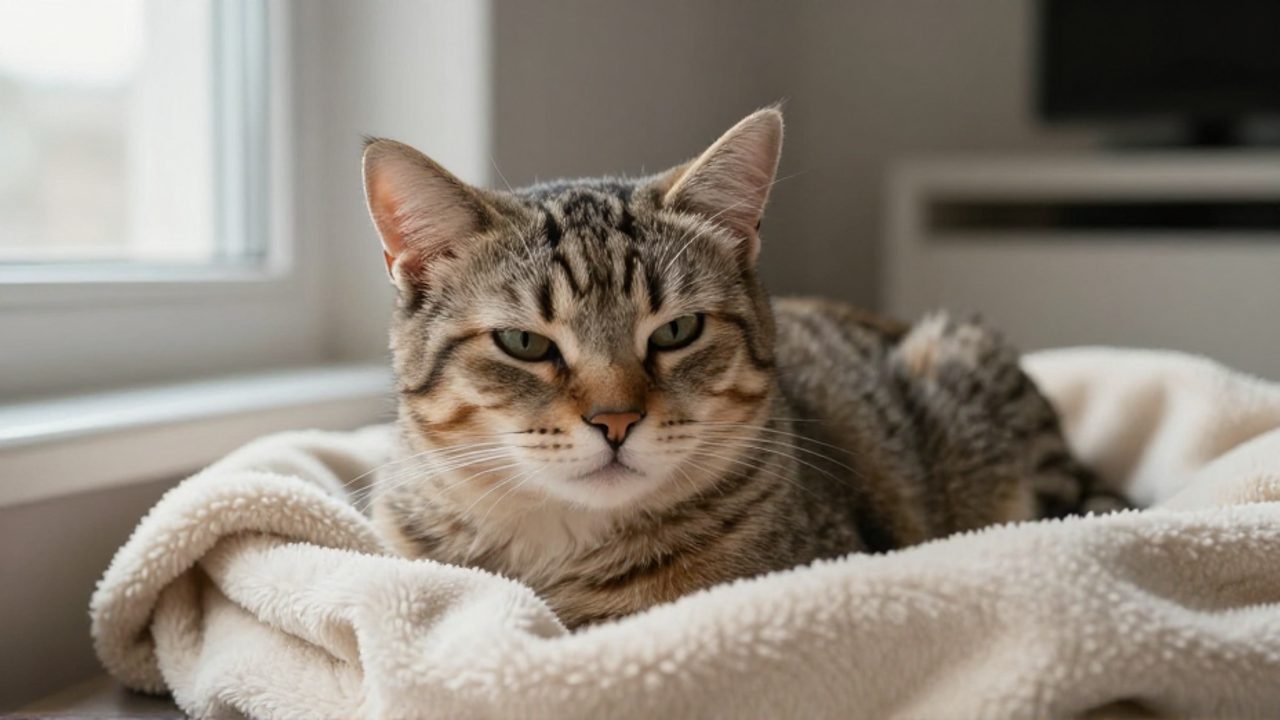 Gata con expresión de inquietud descansando sobre una manta suave en su zona de nidificación.