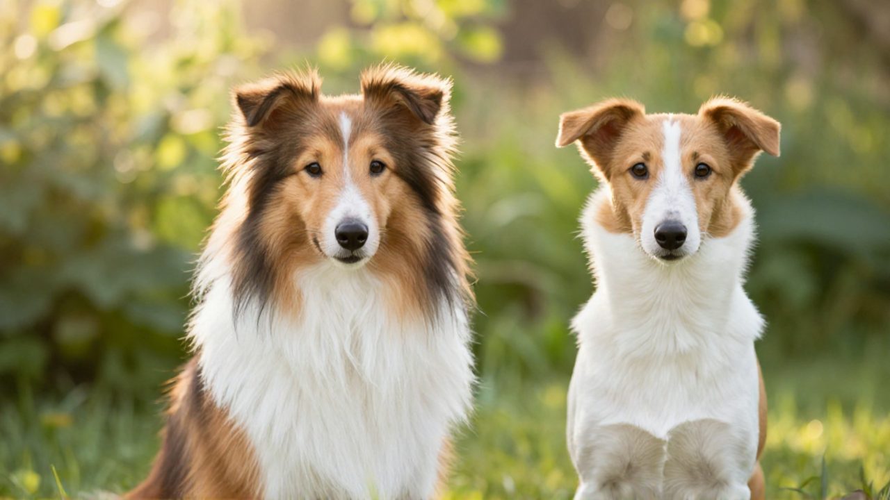 Un Rough Collie de pelaje largo y un Smooth Collie de pelo corto posan juntos en un jardín iluminado por el sol para comparar sus texturas de manto.