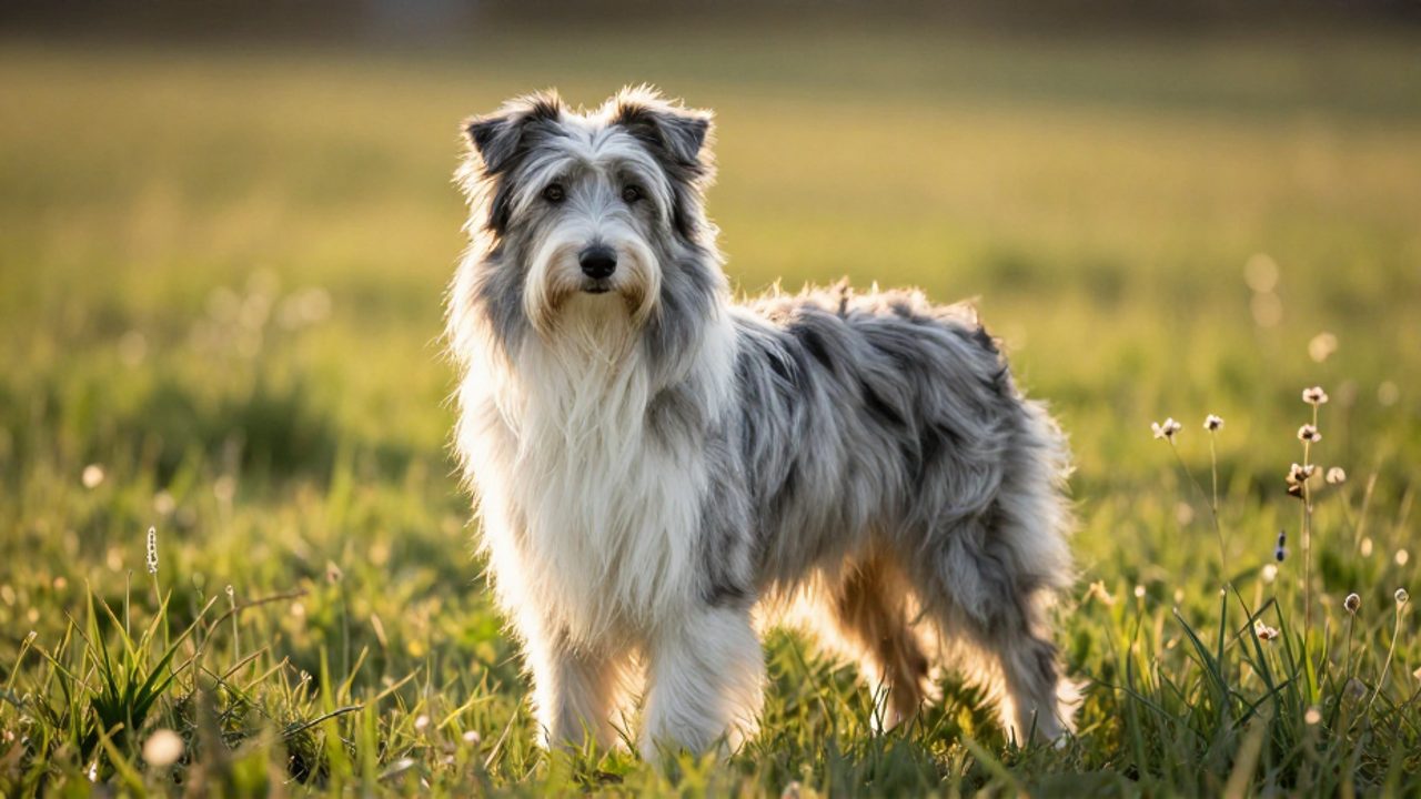 Perro Bearded Collie de pelaje largo y grisáceo parado en un prado verde con flores bajo la luz del sol.