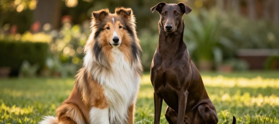 Un Rough Collie de pelo largo y un Smooth Collie de pelo corto sentados juntos en un jardín soleado.