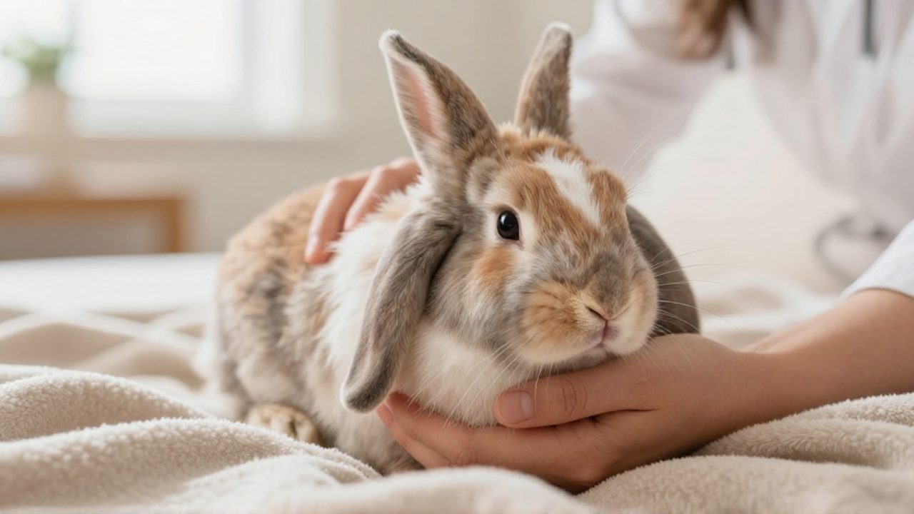 Unas manos sujetan con delicadeza a un conejo de orejas caídas que descansa tranquilo sobre una manta suave.