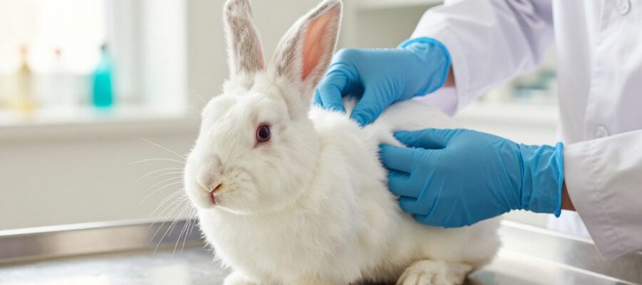 Un veterinario con guantes azules examina cuidadosamente el pelaje de un conejo de raza Holland Lop sobre una mesa clínica.