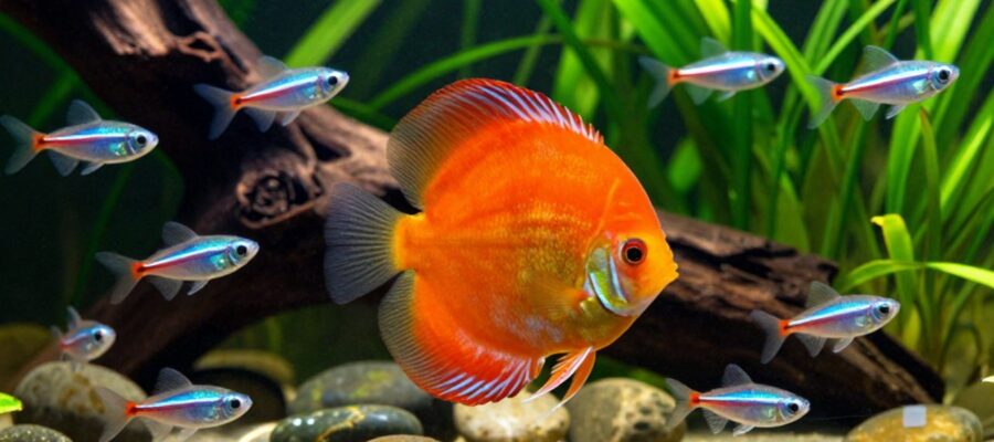 Un pez disco naranja con patrones detallados nada junto a un grupo de tetras neón en un acuario de agua dulce con plantas verdes y madera natural.