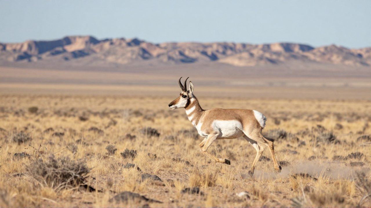 Un antílope berrendo corre a gran velocidad por las llanuras áridas de vegetación escasa en el desierto de Chihuahua.