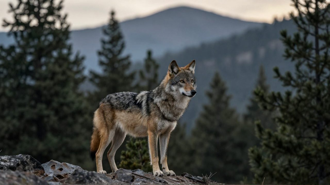 Lobo mexicano de pelaje grisáceo parado sobre una zona rocosa en un bosque de pinos con neblina al fondo.