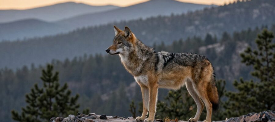 Lobo mexicano de perfil sobre un saliente rocoso en un paisaje boscoso de la Sierra Madre.