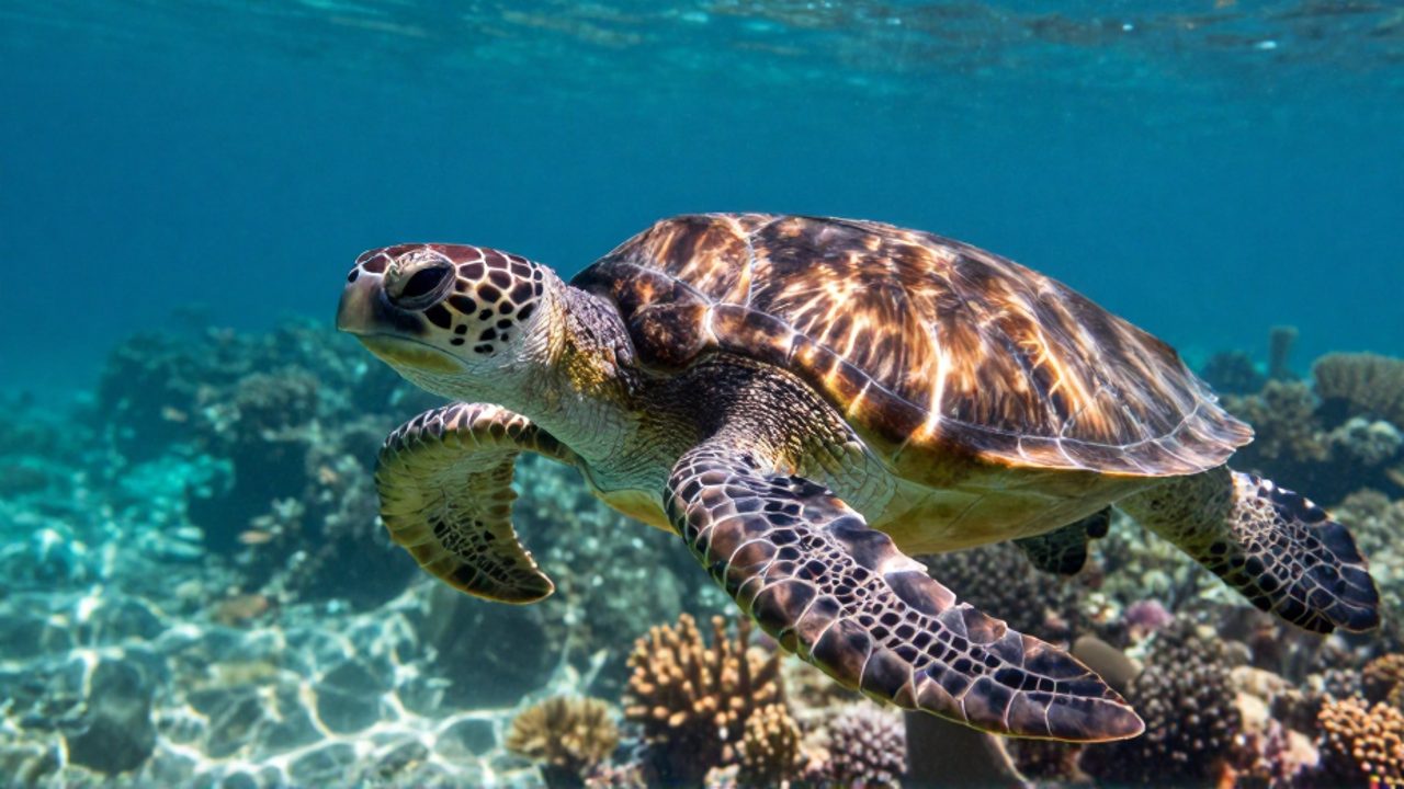 Tortuga marina nadando entre un arrecife de coral en aguas tropicales cristalinas.
