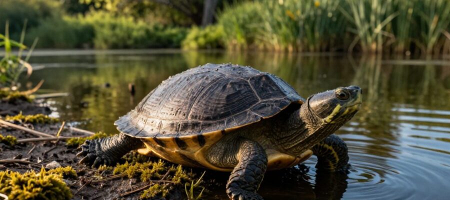 Una tortuga semiacuática emerge de un lago de agua dulce hacia la orilla de un río con vegetación exuberante.