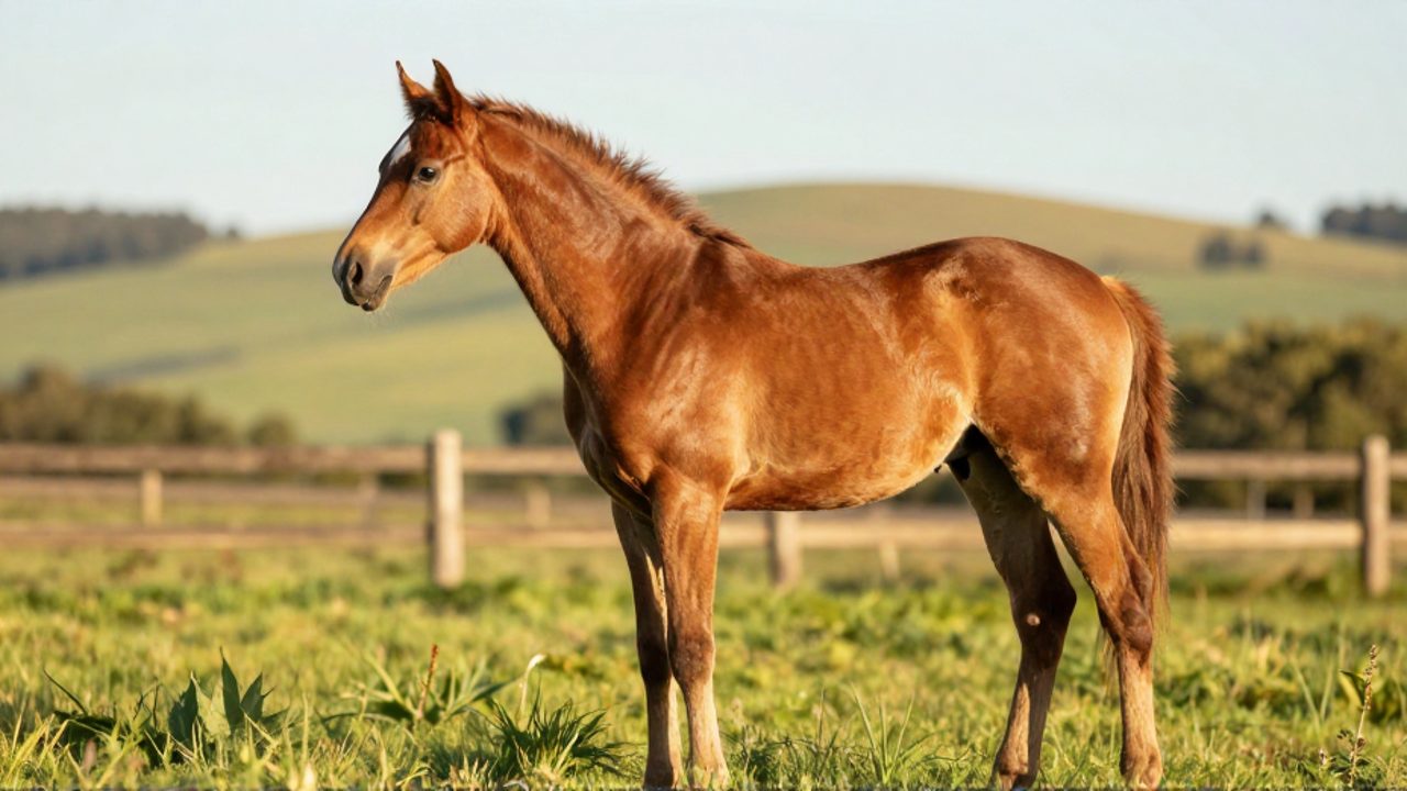 Yegua joven de complexión atlética parada de perfil en un prado verde bajo la luz del atardecer.