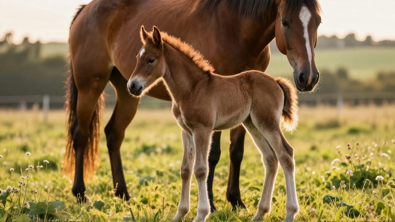 Un potro recién nacido intenta dar sus primeros pasos tambaleantes en un prado verde frente a su madre.