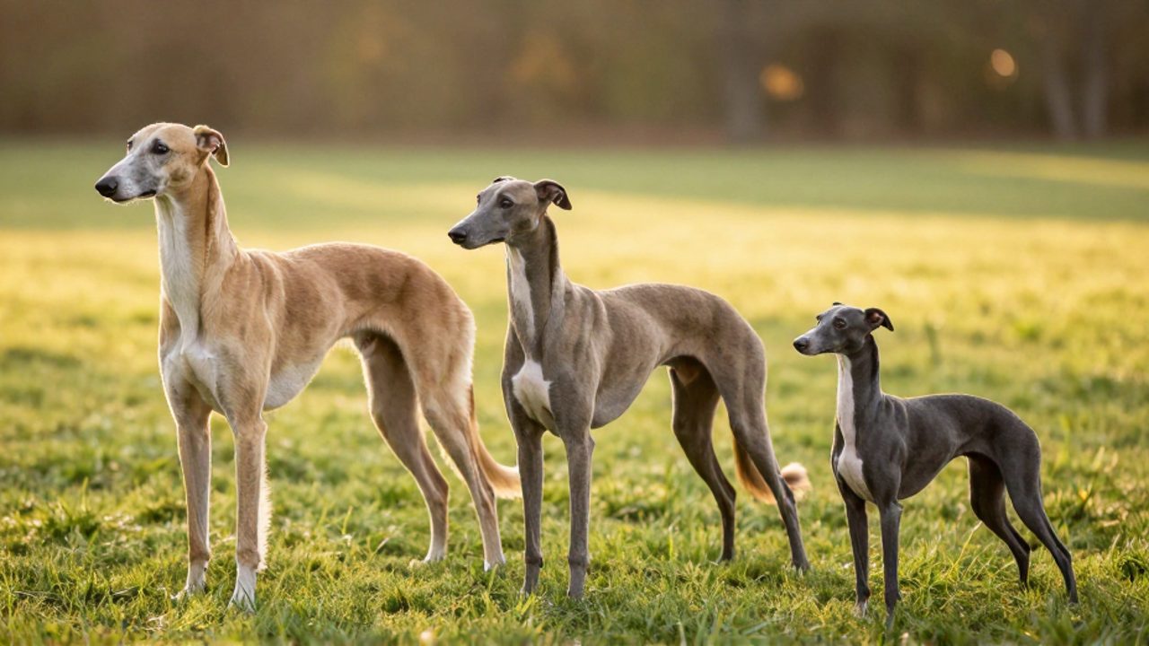 Tres galgos de diferentes tamaños, un Greyhound, un Whippet y un Galgo Italiano, de pie sobre el césped para mostrar sus diferencias de anatomía y escala.