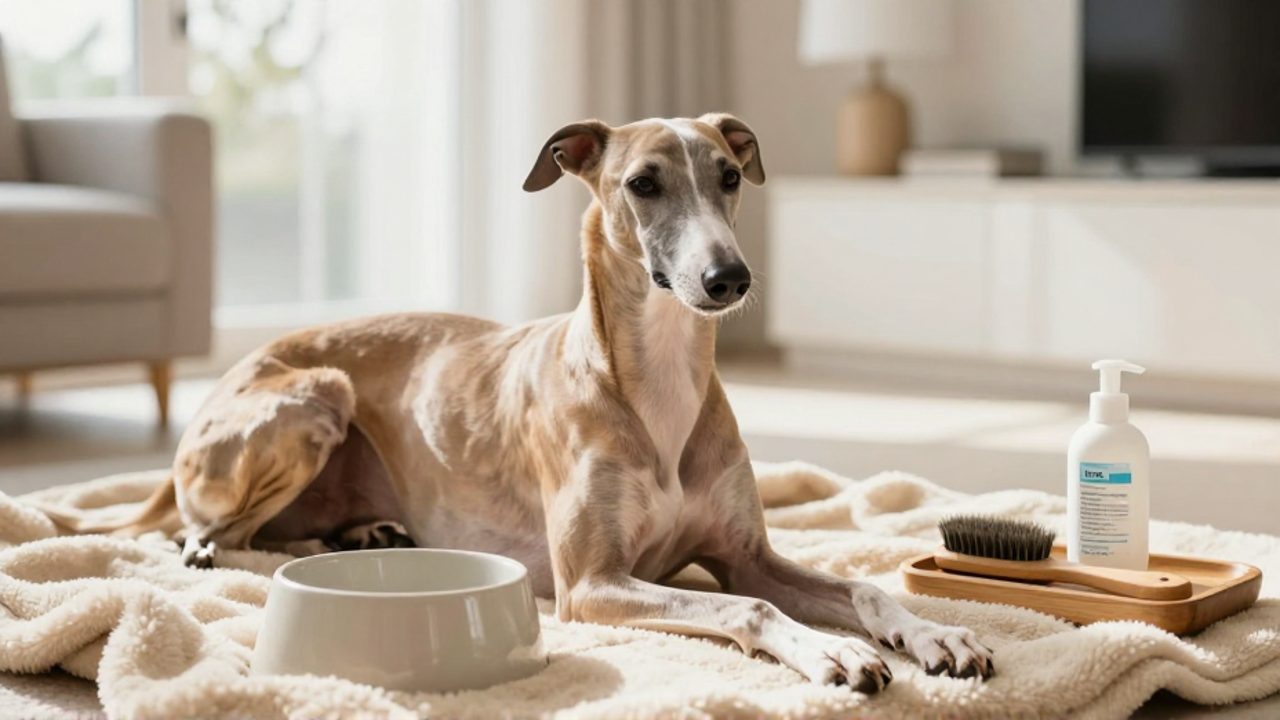 Un galgo sano descansa sobre una manta en una sala luminosa, junto a un cuenco de agua y artículos de aseo para su cuidado.