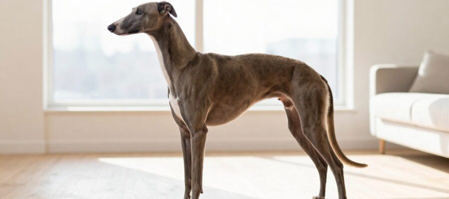 Perfil de un galgo de silueta estilizada y musculosa que permanece de pie en una sala de estar luminosa.