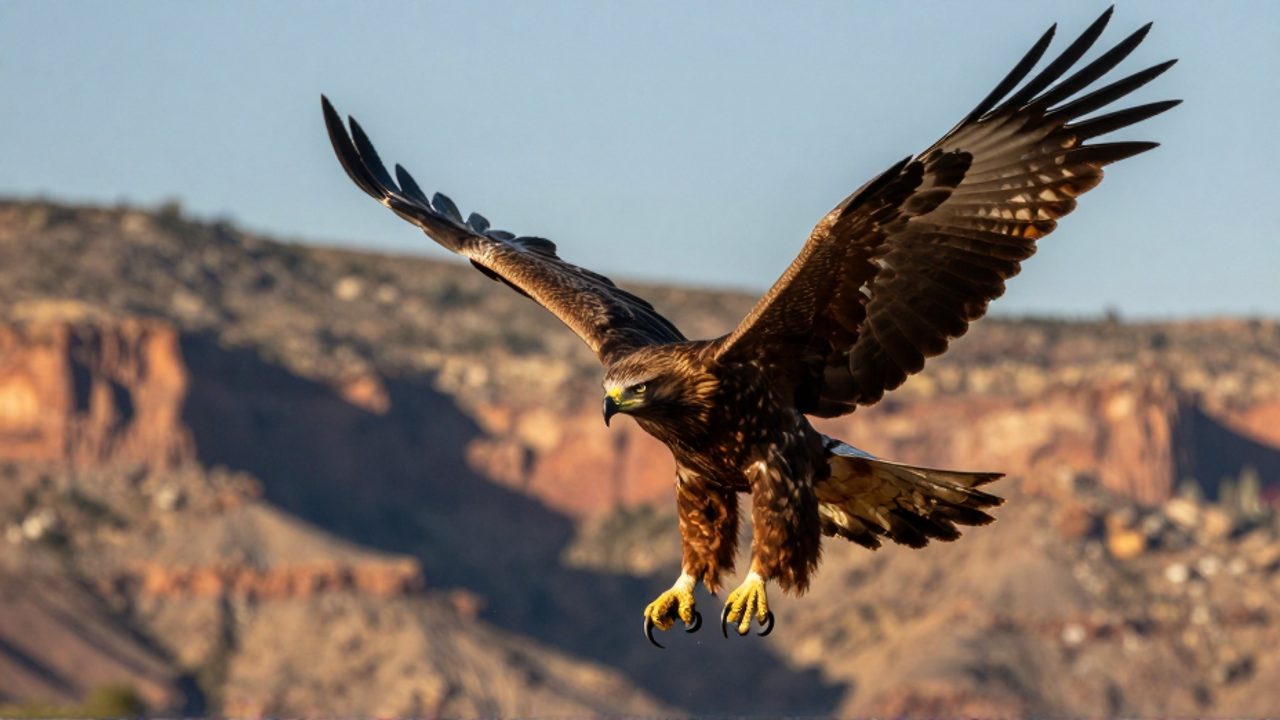 Águila en pleno descenso con las garras extendidas para cazar sobre un paisaje de cañones rocosos.