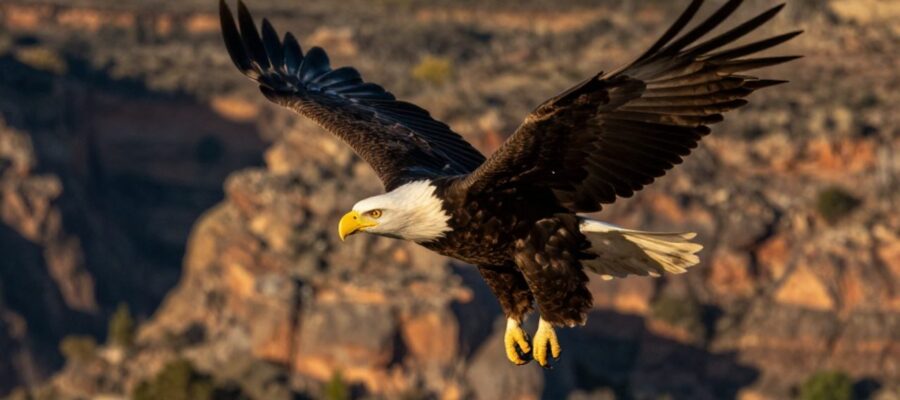 Águila calva sobrevolando un cañón rocoso con la mirada fija mientras se prepara para cazar.