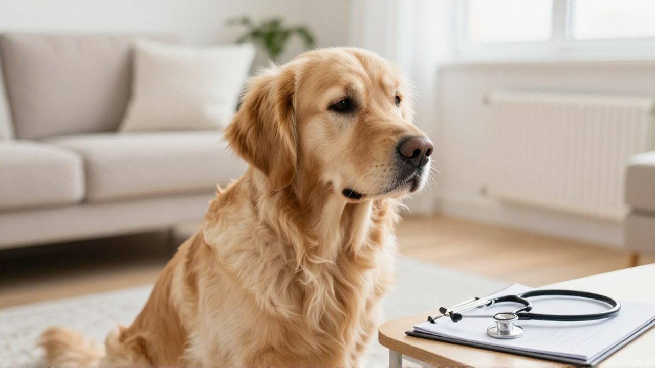 Un Golden Retriever con expresión de malestar sentado en una sala, junto a un estetoscopio y una carpeta médica sobre una mesa.