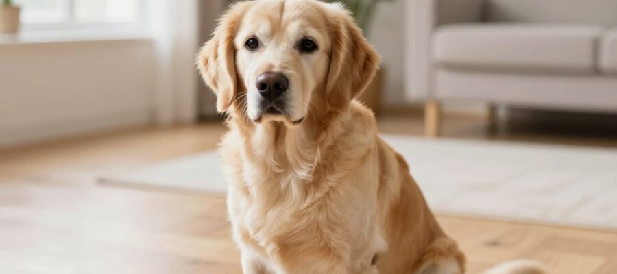 Perro doméstico sentado en una sala con expresión de inquietud que sugiere malestar físico.