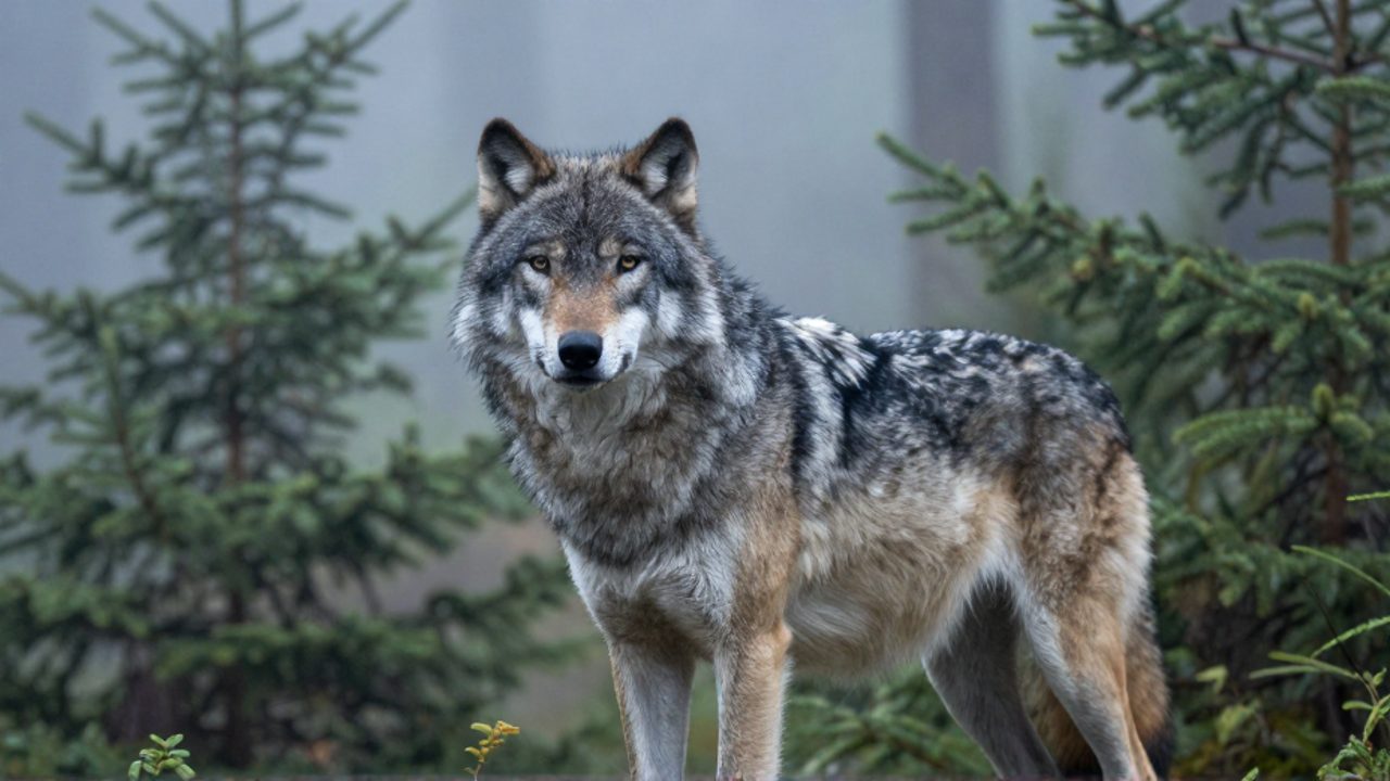 Lobo gris de mirada atenta parado en un bosque de coníferas cubierto por la niebla.