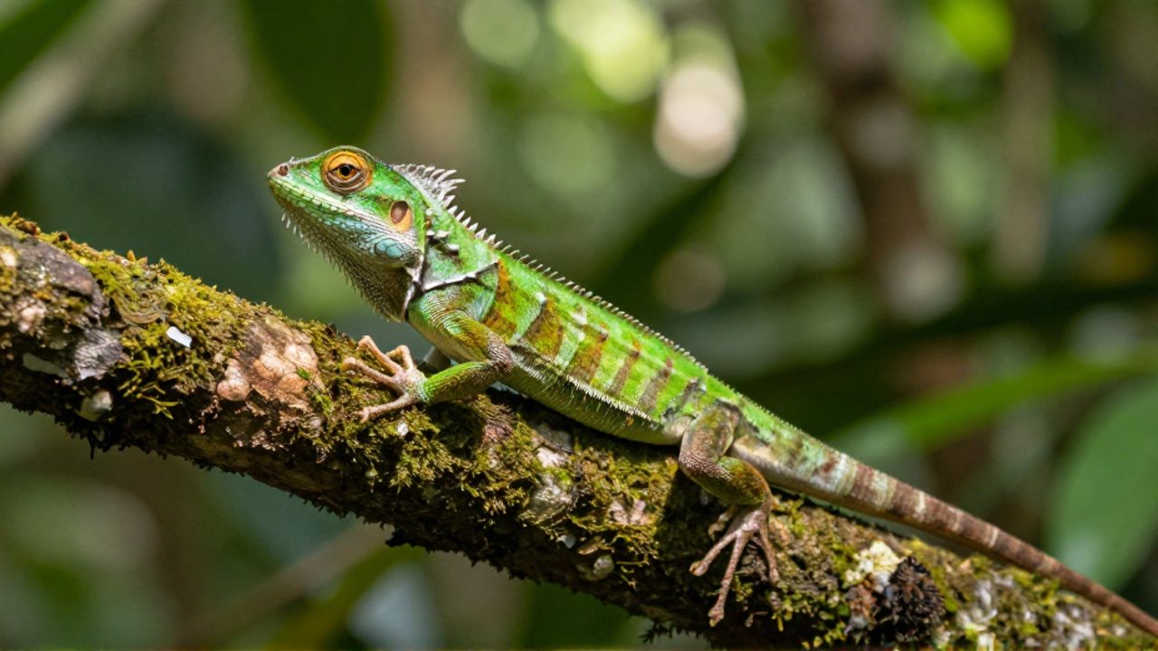 Un lagarto verde de piel texturizada descansa sobre una rama con musgo en un entorno de selva tropical.