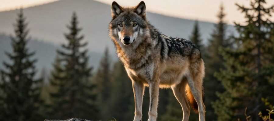 Lobo gris de pie sobre una formación rocosa frente a un bosque con neblina durante el atardecer.