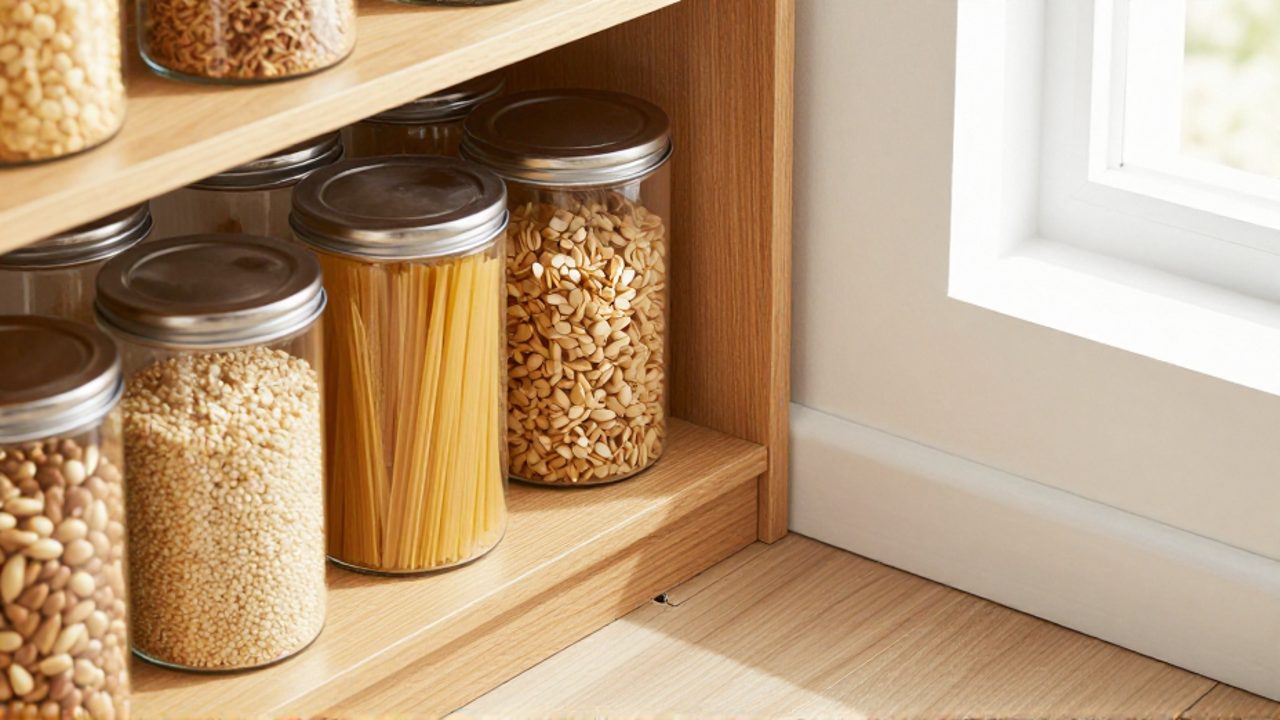 Tarros de cristal herméticamente cerrados con alimentos sobre una estantería de madera de una cocina limpia y ordenada.