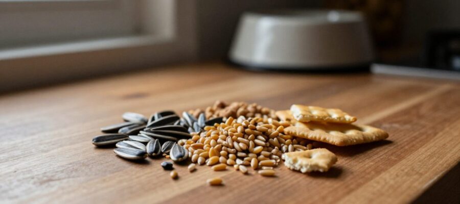 Pequeño montón de granos, semillas y cereales esparcidos sobre una encimera de madera en una cocina.