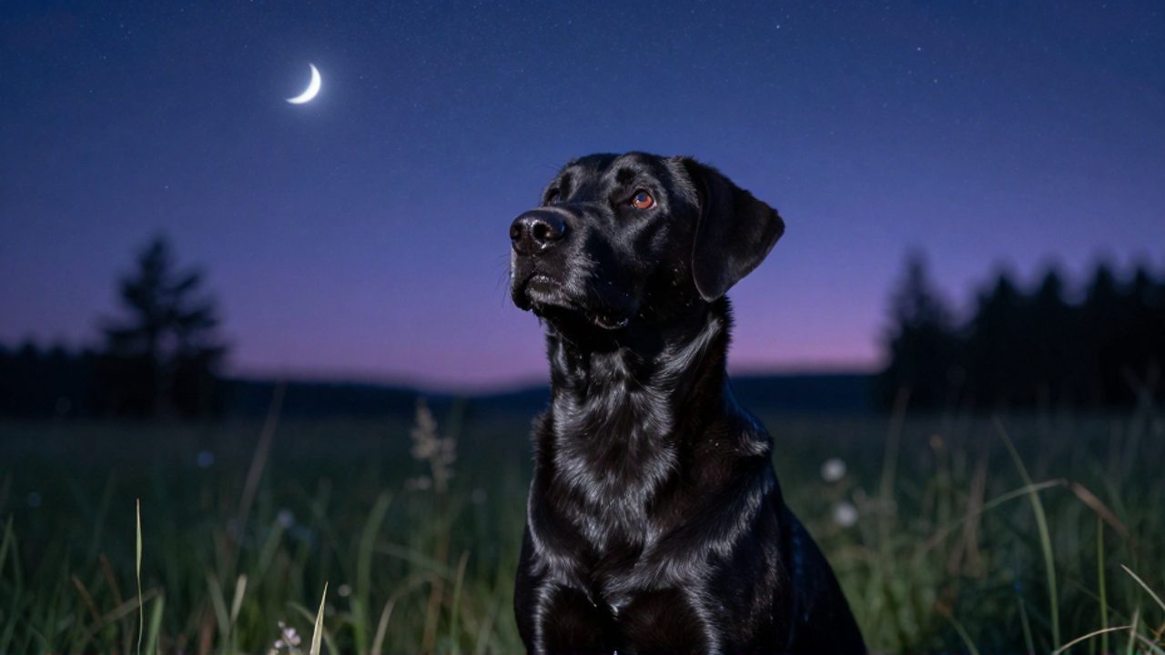 Perra de pelaje negro brillante sentada en un prado bajo un cielo nocturno estrellado con una luna creciente.