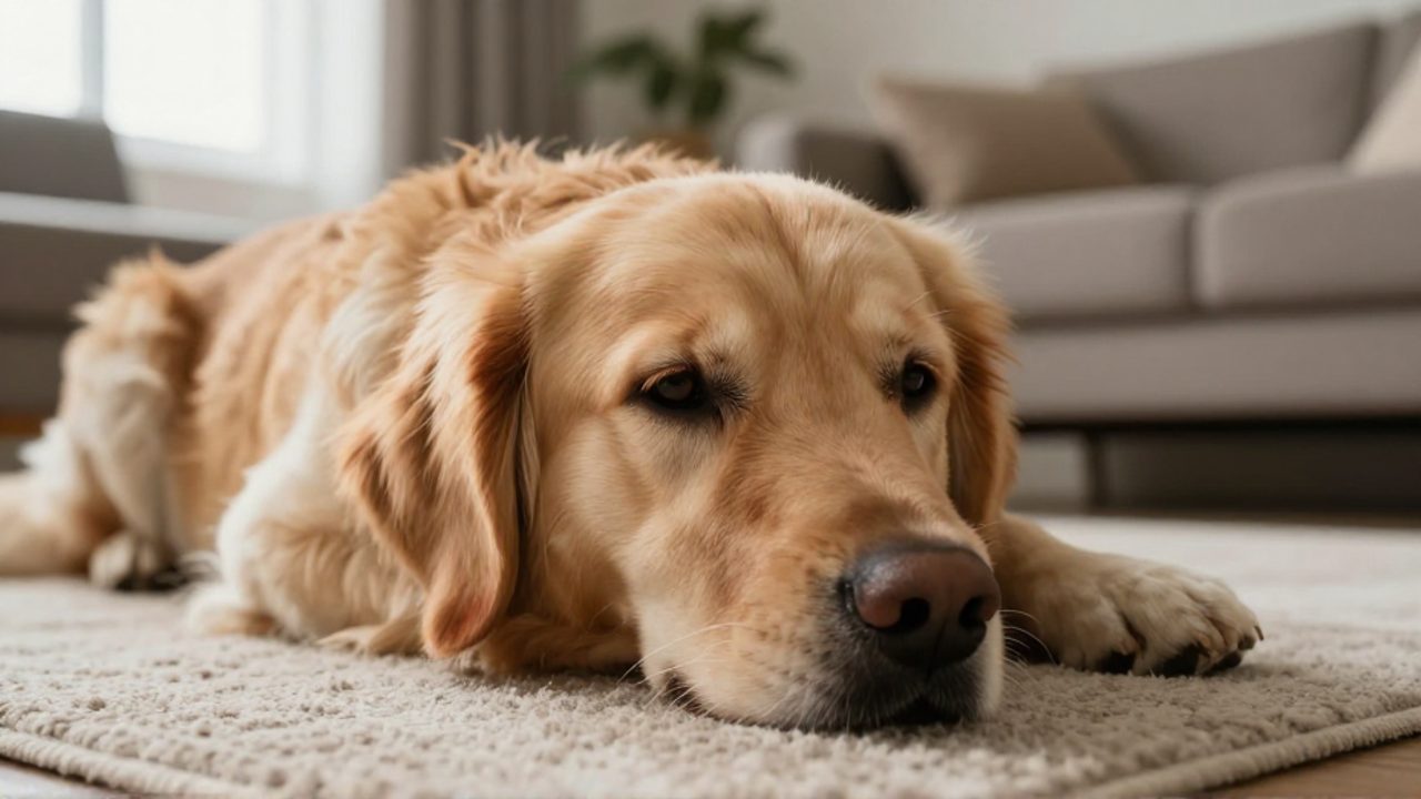 Un perro Golden Retriever con mirada decaída y expresión de malestar físico recostado sobre una alfombra.