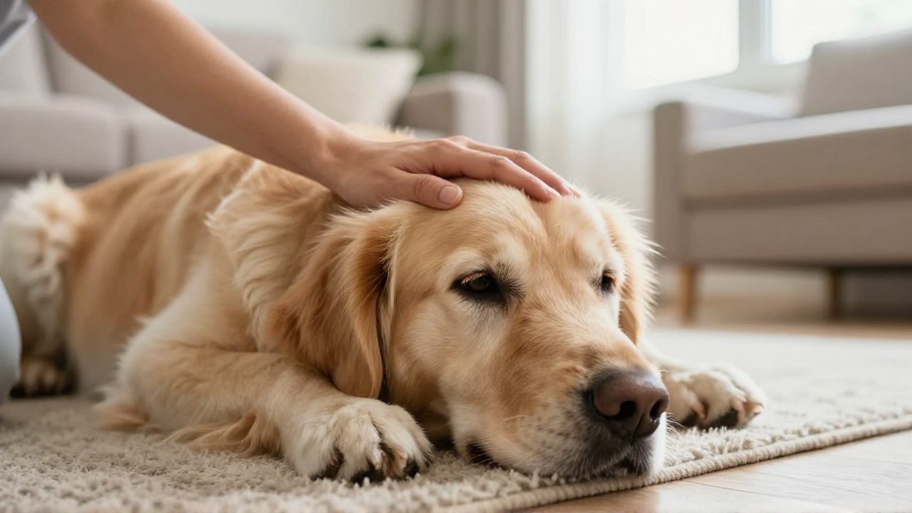 Persona colocando su mano sobre la frente de un perro Golden Retriever que se muestra decaído y cansado sobre una alfombra.