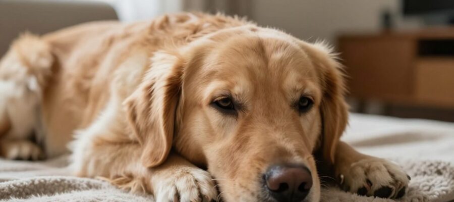 Un perro Golden Retriever con aspecto decaído y cansado descansa sobre una manta en una sala de estar.