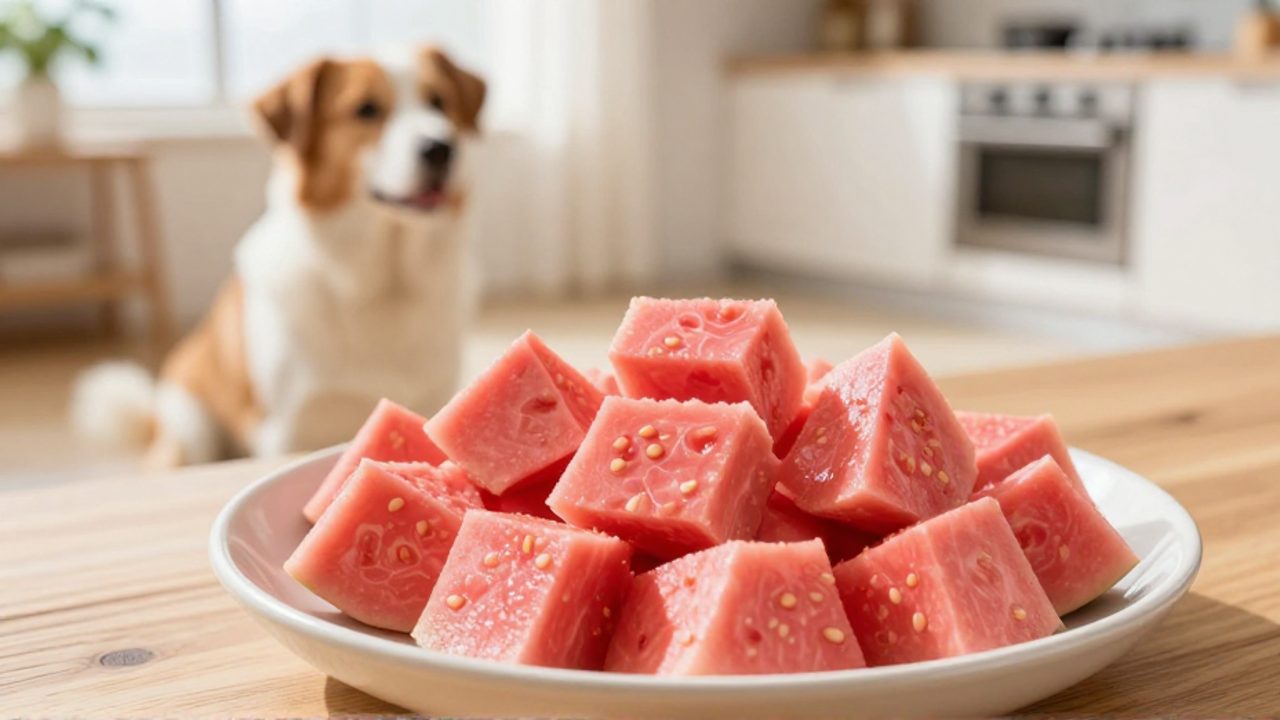 Cubos de guayaba rosada sin semillas en un cuenco de cerámica frente a un perro que espera impaciente en una cocina iluminada.