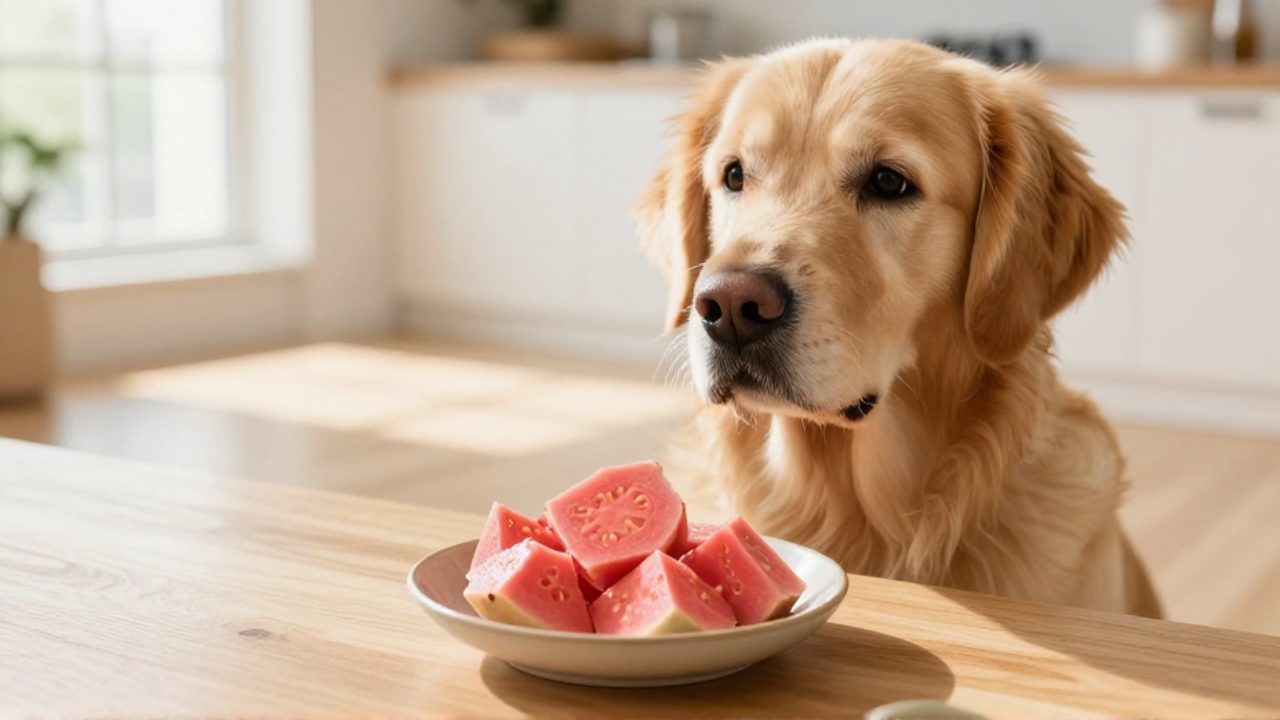 Un perro Golden Retriever mira con interés un cuenco con trozos de guayaba sin semillas sobre el suelo de una cocina.