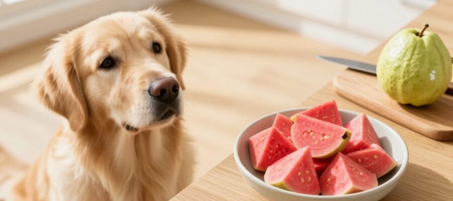 Un perro Golden Retriever mira con expectación un cuenco con trozos de guayaba fresca en el suelo de una cocina.