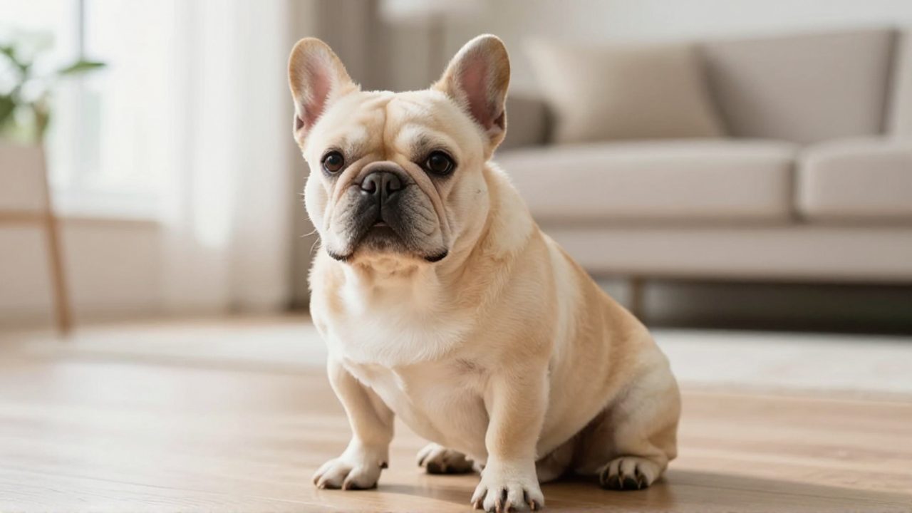 Bulldog francés de pelo largo y esponjoso sentado en una sala luminosa.