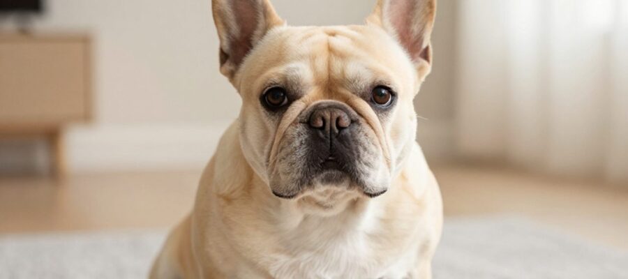 Primer plano de un Bulldog francés con pelaje abundante y suave sobre un fondo neutro y luminoso.