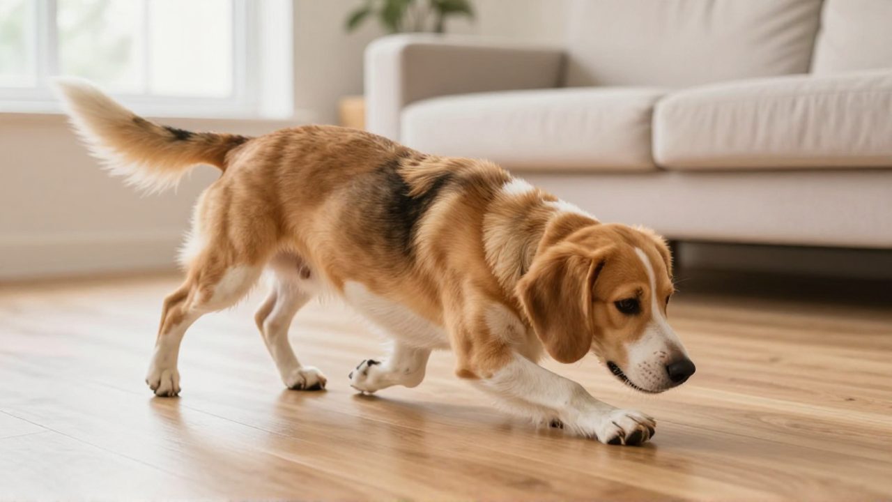 Un perro arrastra sus cuartos traseros por el suelo de madera de una sala, mostrando el comportamiento de arrastre asociado a problemas anales.