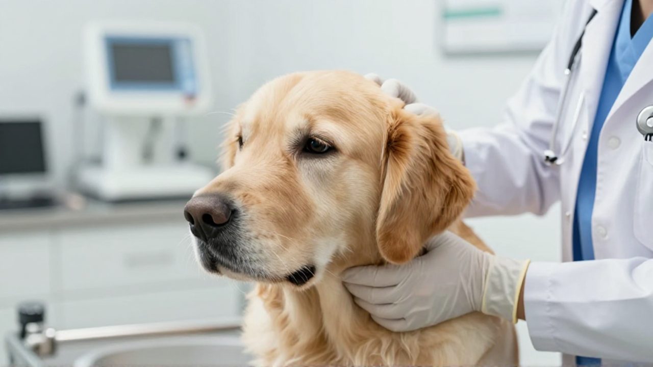 Manos enguantadas de un veterinario realizando un examen físico a un perro golden retriever sobre una mesa de consulta.