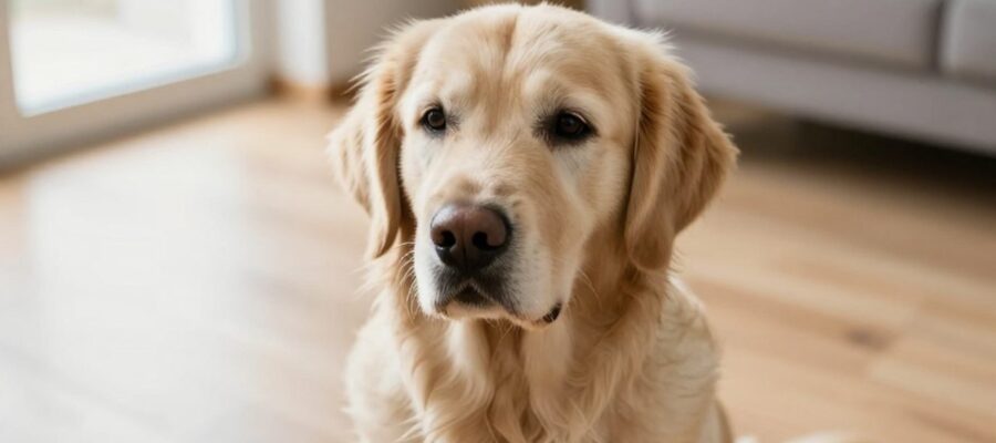 Un perro Golden Retriever sentado en el suelo de una casa con expresión de malestar y preocupación.