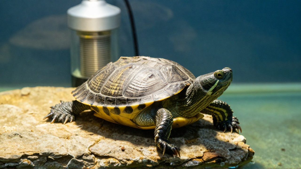 Una tortuga semiacuática descansa sobre una plataforma de piedra en un acuario limpio con agua cristalina y equipo de filtración al fondo.