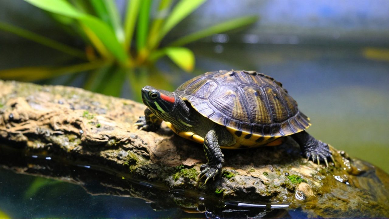 Una tortuga de orejas rojas joven descansa sobre una plataforma de piedra y musgo en su acuario, con plantas acuáticas de fondo.