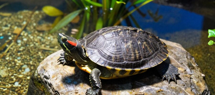 Tortuga de orejas rojas descansando sobre una piedra en un acuario con plantas acuáticas y agua clara.
