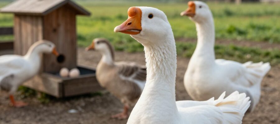 Un ganso Toulouse de plumaje blanco grueso destaca en primer plano frente a otras razas de gansos en un corral de granja rodeado de vegetación.