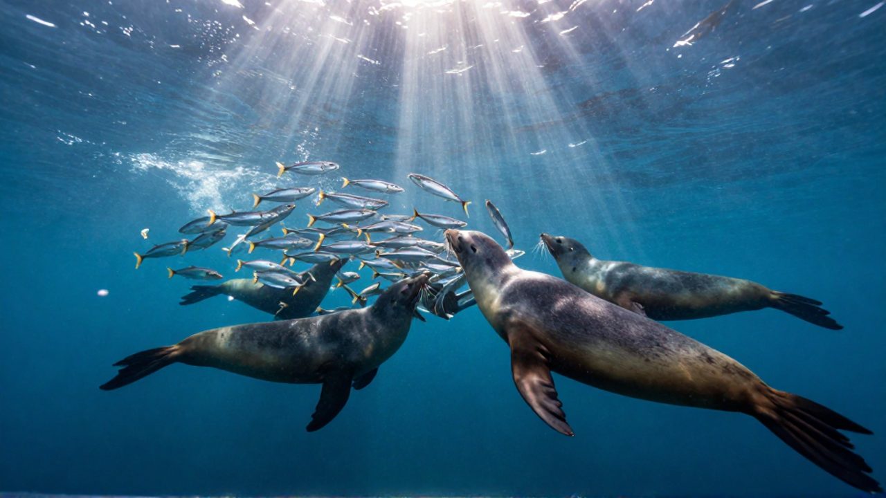 Grupo de lobos marinos cazando de forma cooperativa rodeando un gran banco de sardinas bajo la luz solar del océano.