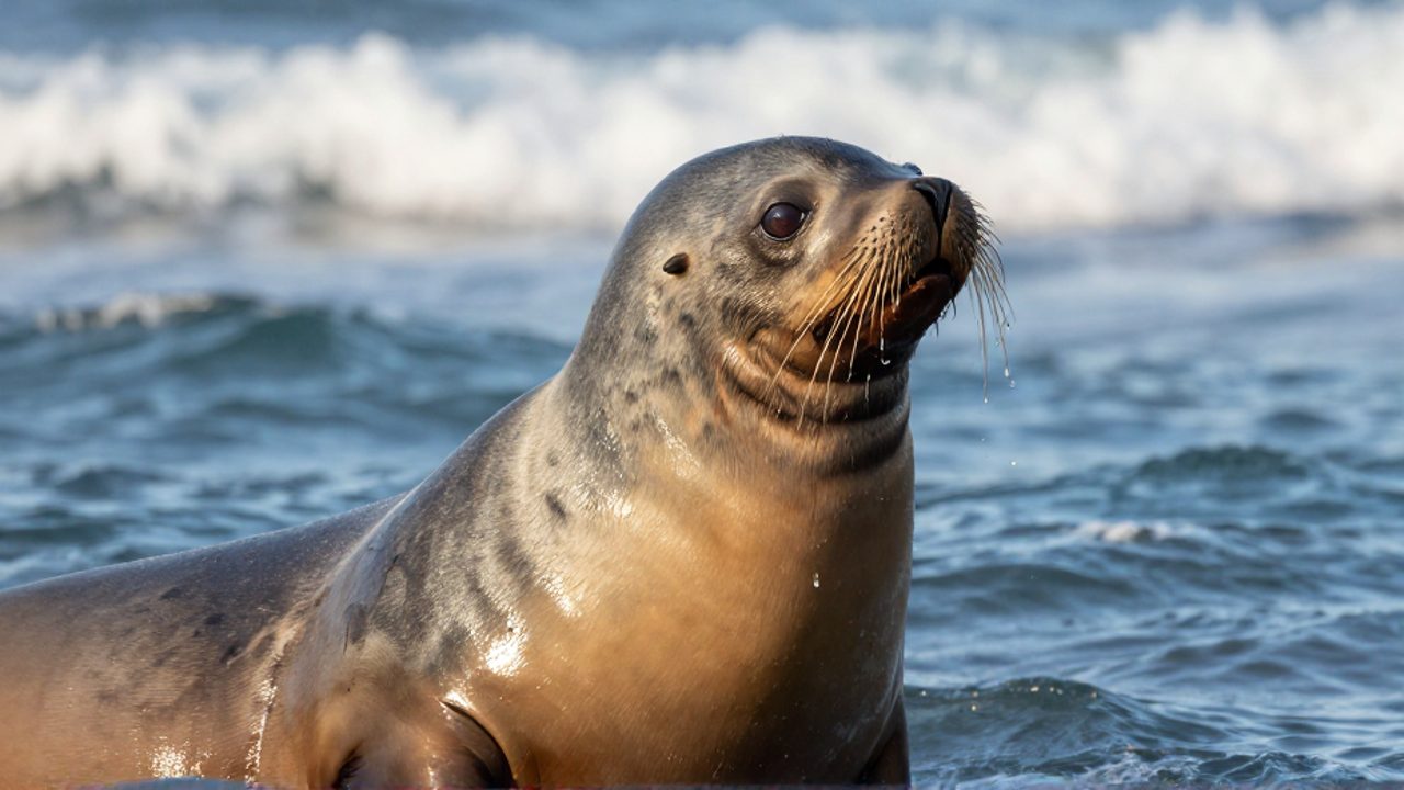 Primer plano de un lobo marino macho emergiendo del océano con la piel mojada y brillante bajo la luz del sol.