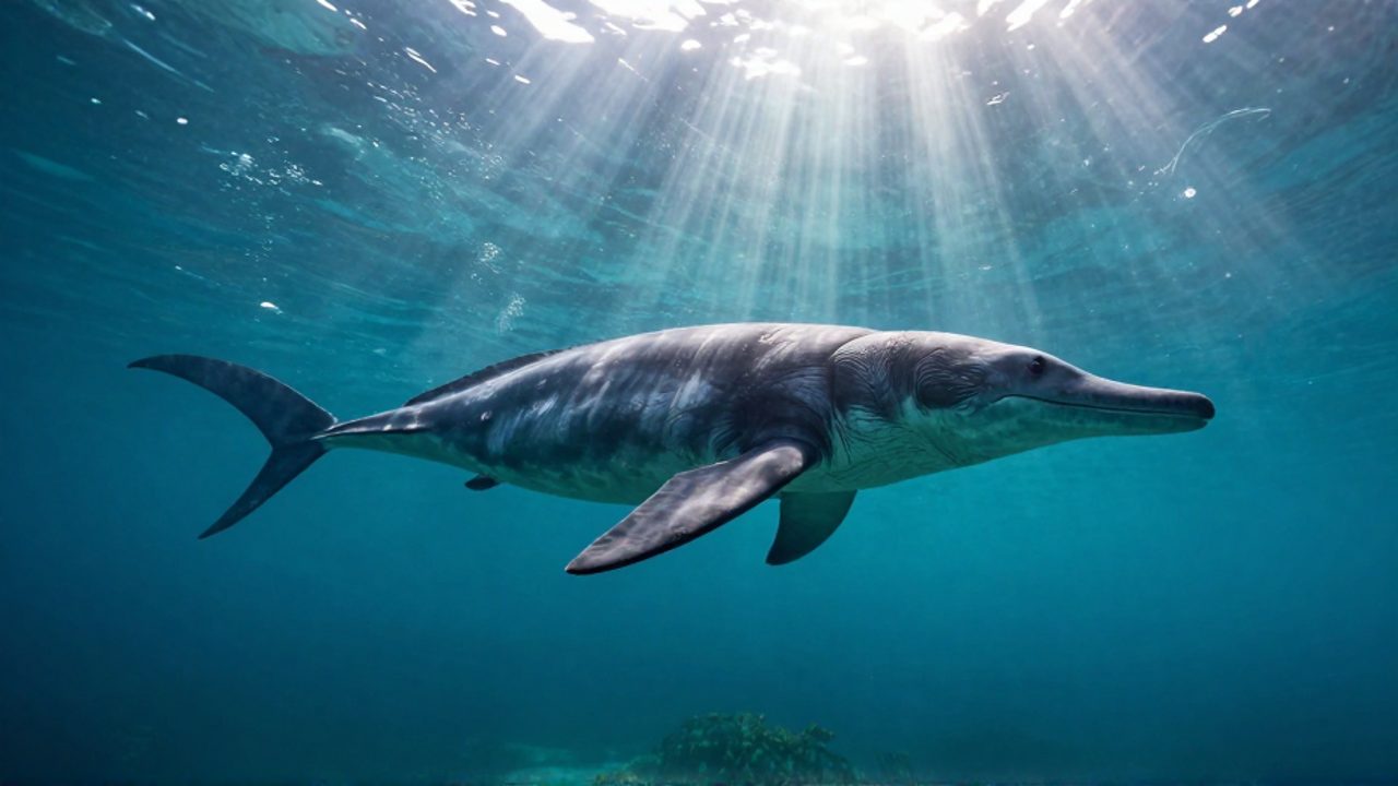 Un plesiosaurio de cuello largo nada bajo la superficie de un océano mesozoico iluminado por rayos de luz solar.