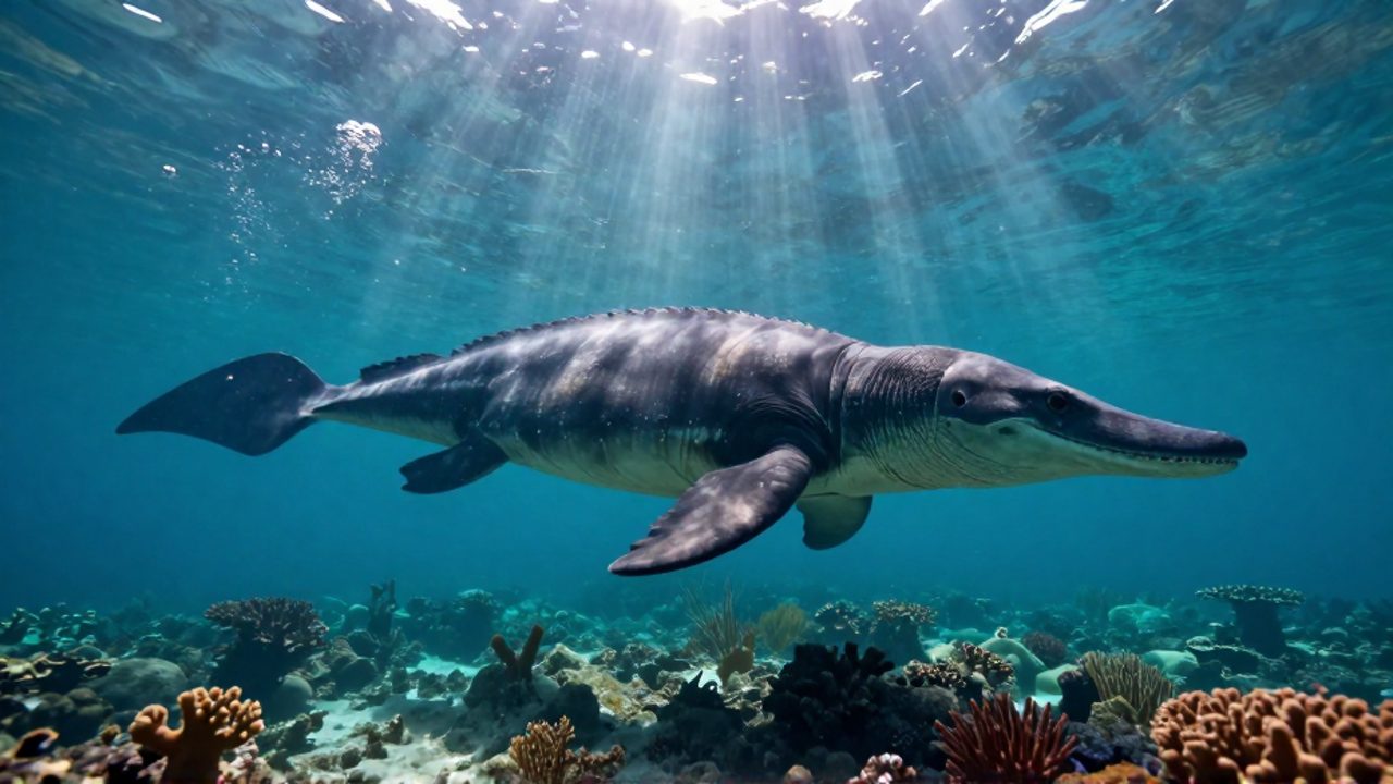 Un enorme mosasaurio nada entre arrecifes de coral y plantas marinas en un entorno oceánico prehistórico iluminado por rayos de sol.