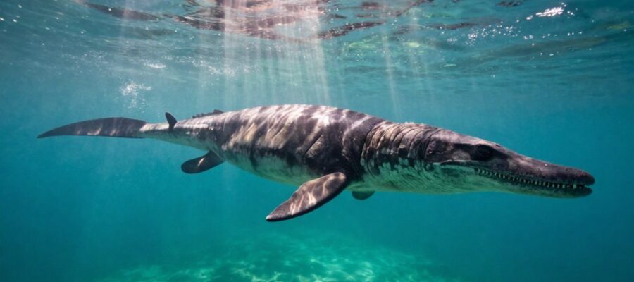 Un mosasaurio nada bajo el agua cristalina de un océano mesozoico con rayos de sol atravesando la superficie.
